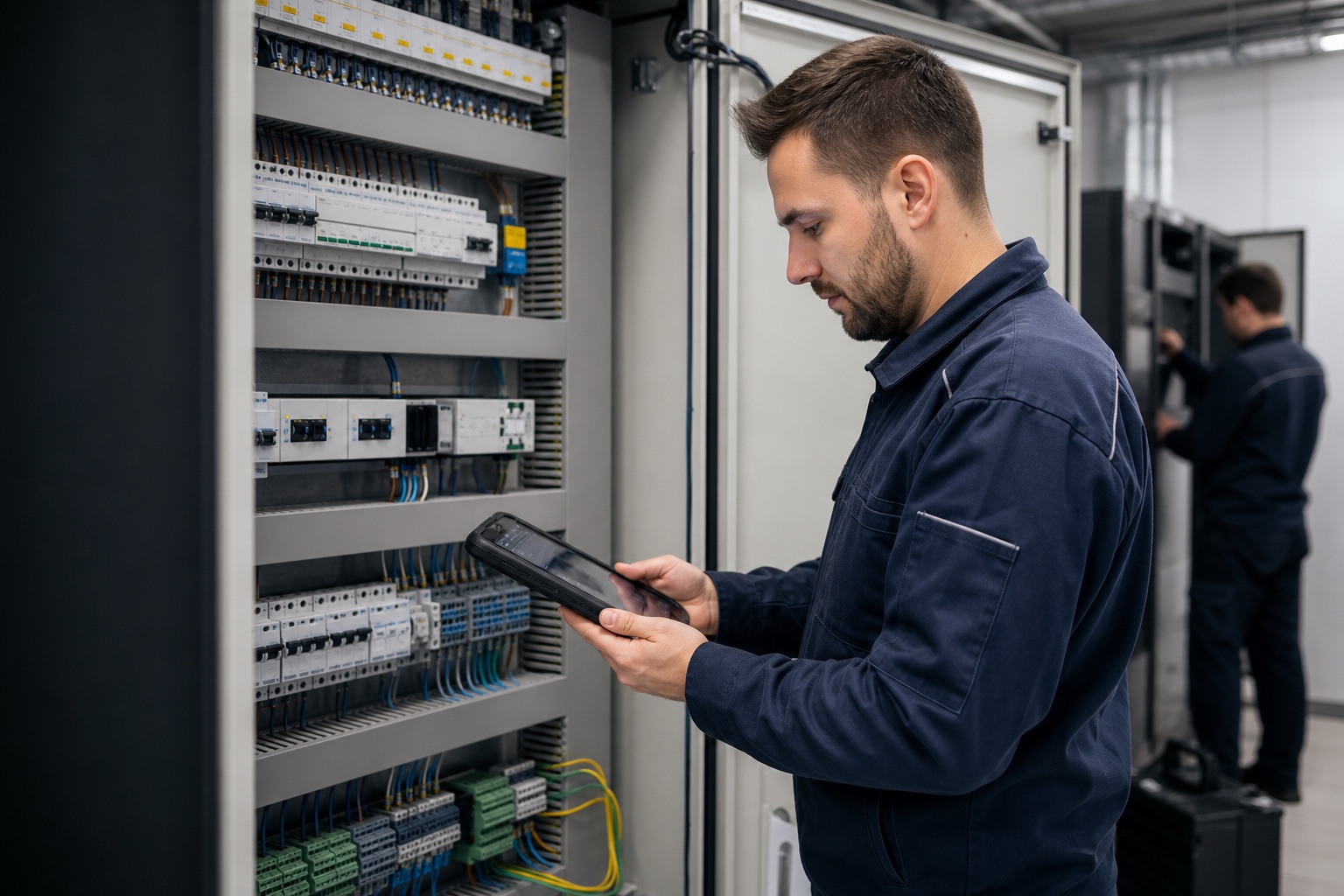 Elektrofachkraft bei der Prüfung einer modernen elektrischen Verteilung