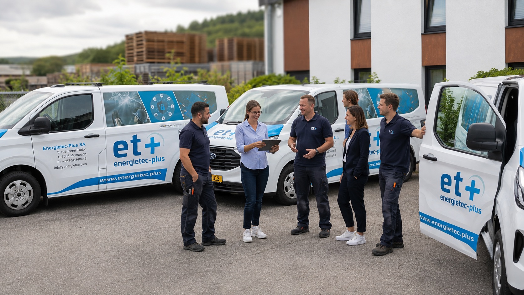Team von Energietec-Plus vor den beschrifteten Servicefahrzeugen am Firmenstandort in Munsbach