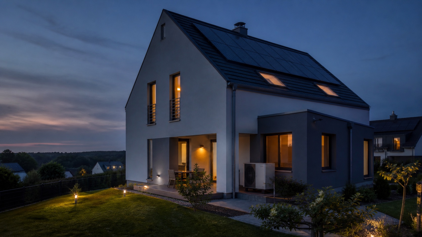 Energieeffizientes Wohnhaus mit Photovoltaikanlage und Wärmepumpe bei Abenddämmerung