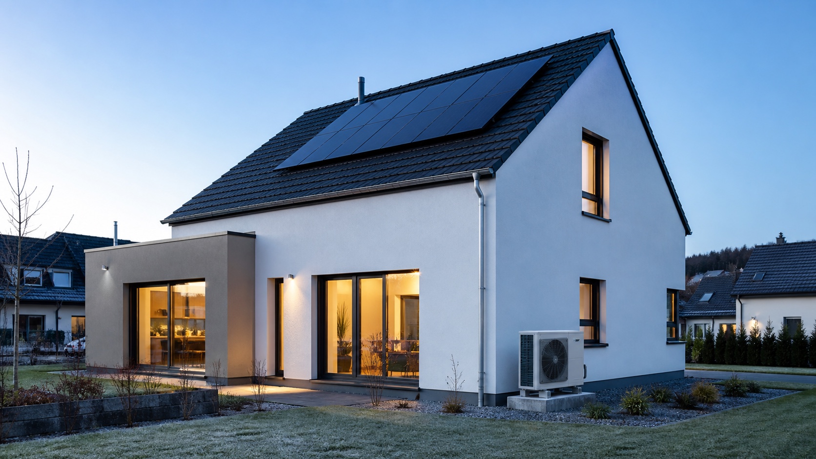 Modernes Wohnhaus mit Photovoltaikanlage und fachgerecht installierter Luft-Wasser-Wärmepumpe im Winter