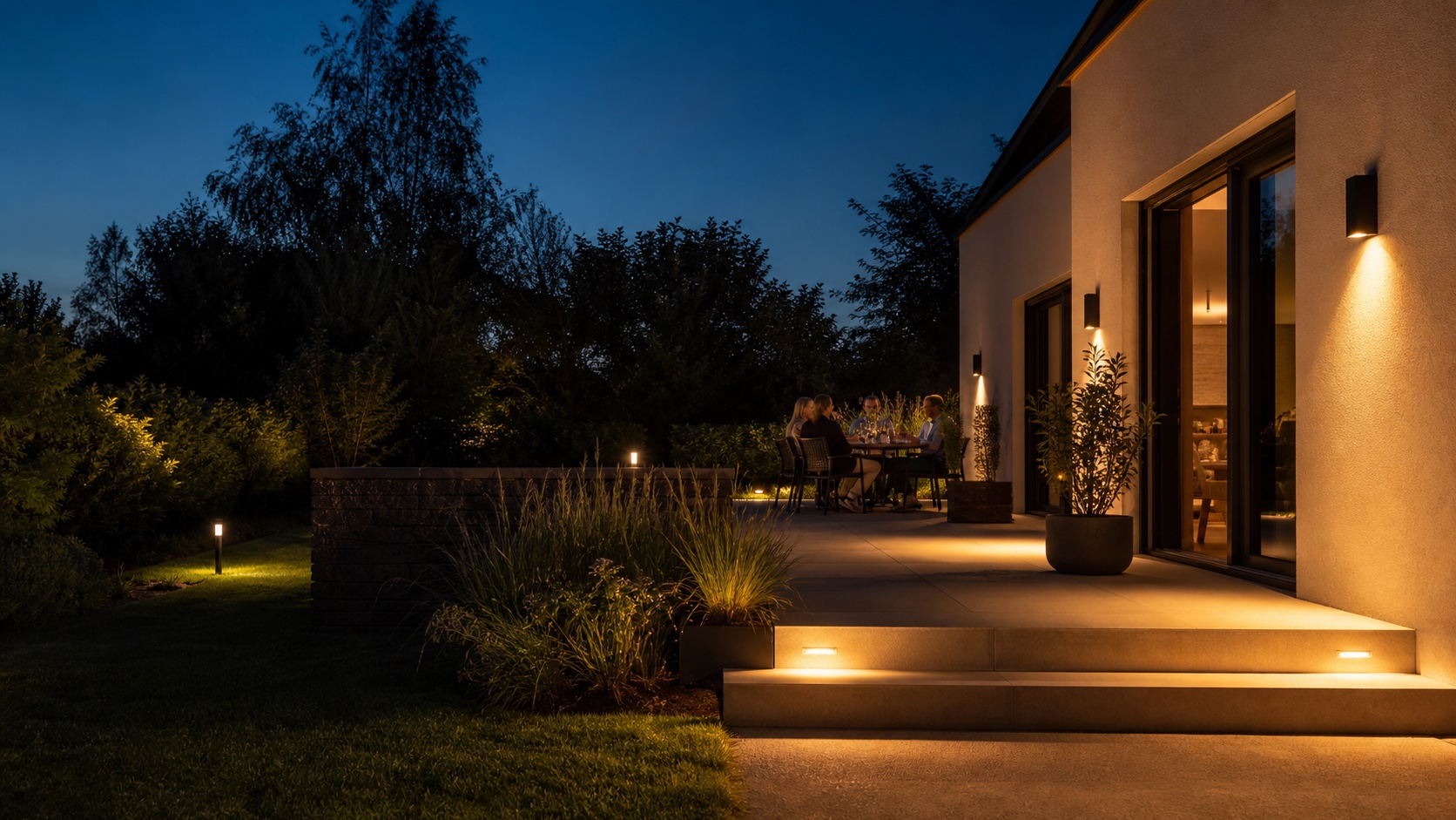 Warm und gezielt beleuchtete Terrasse mit abgeschirmten Leuchten und bewusst dunklem Gartenhintergrund