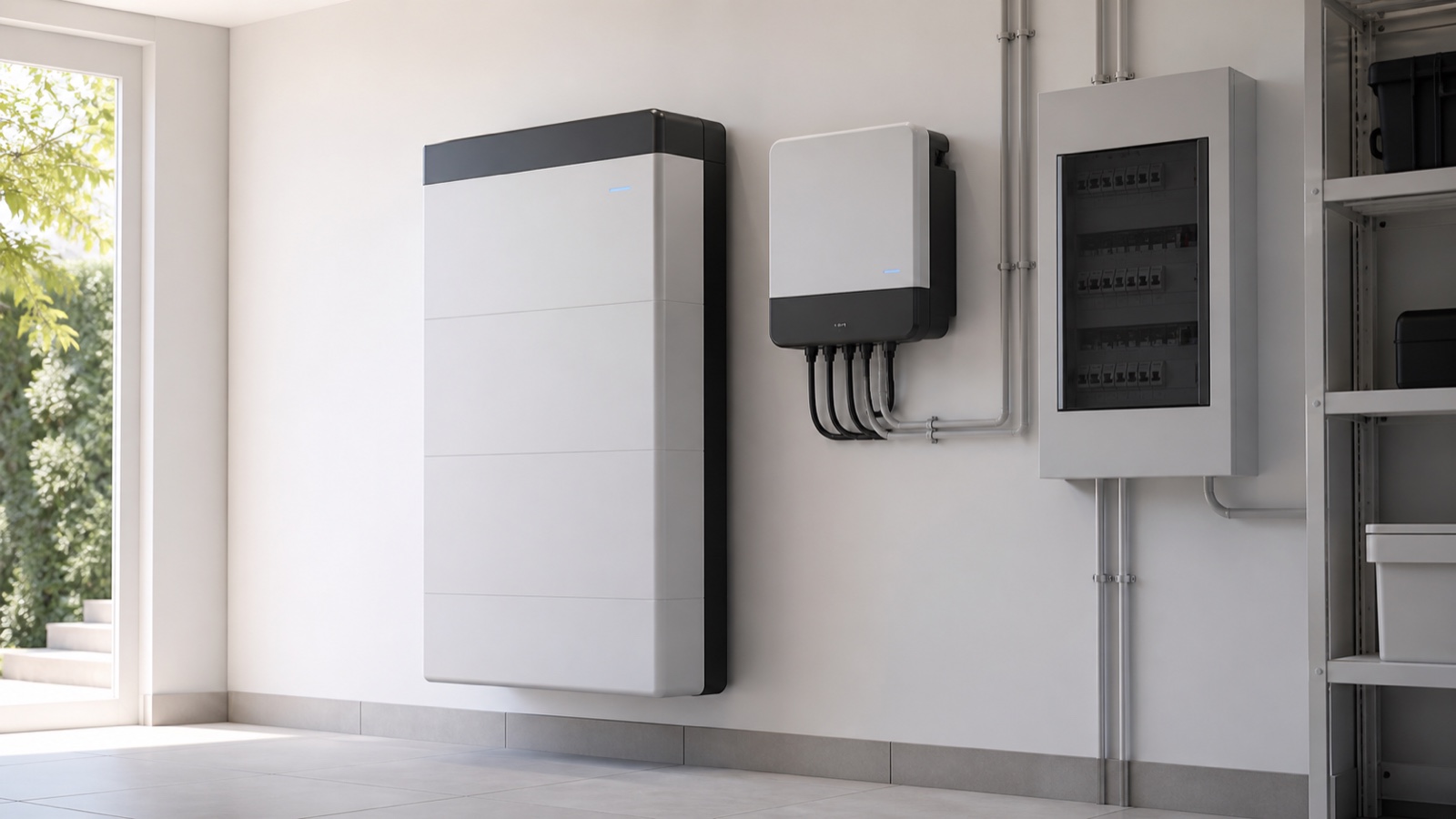 Fachgerecht installierter Lithium-Ionen-Heimspeicher mit Hybridwechselrichter und geschlossener Elektroverteilung