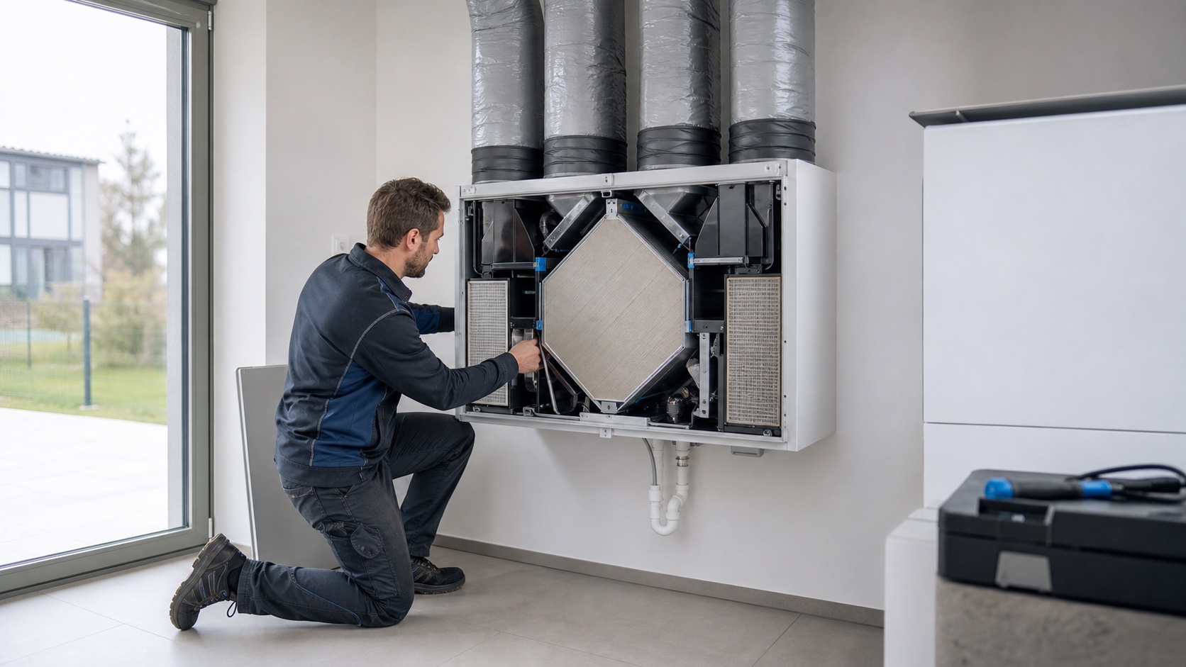 Techniker wartet eine zentrale Wohnraumlüftung mit sichtbarem Wärmetauscher und vier Luftkanälen