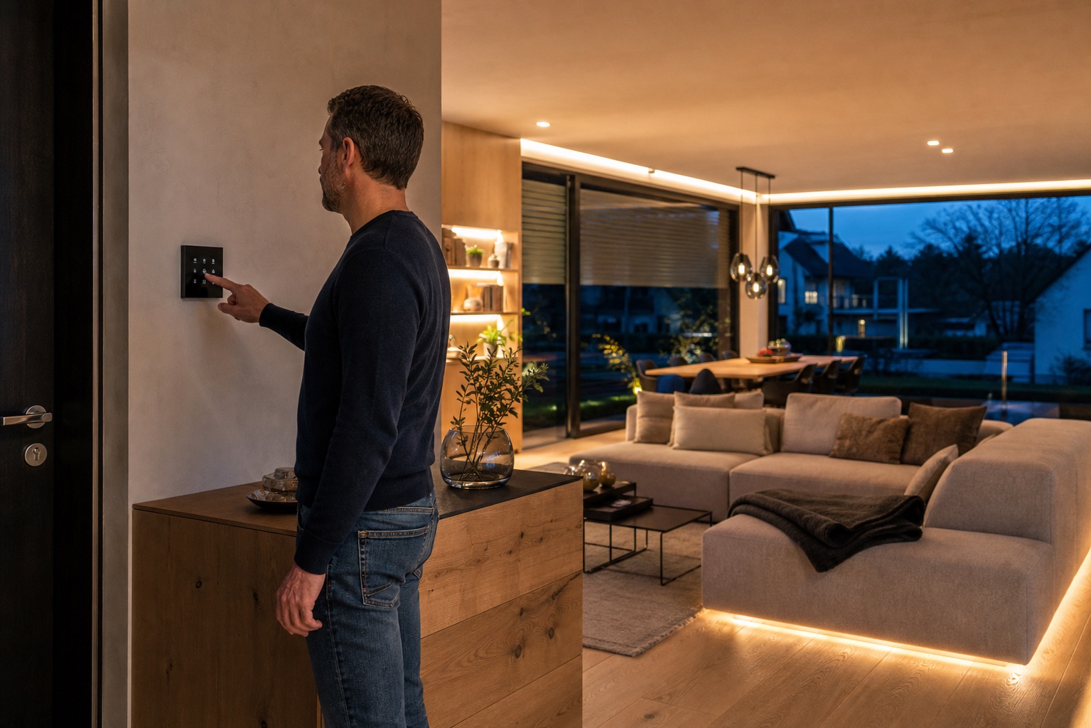 Bewohner aktiviert an einem Wandtaster eine abgestimmte Szene für Licht und Beschattung in seinem Zuhause