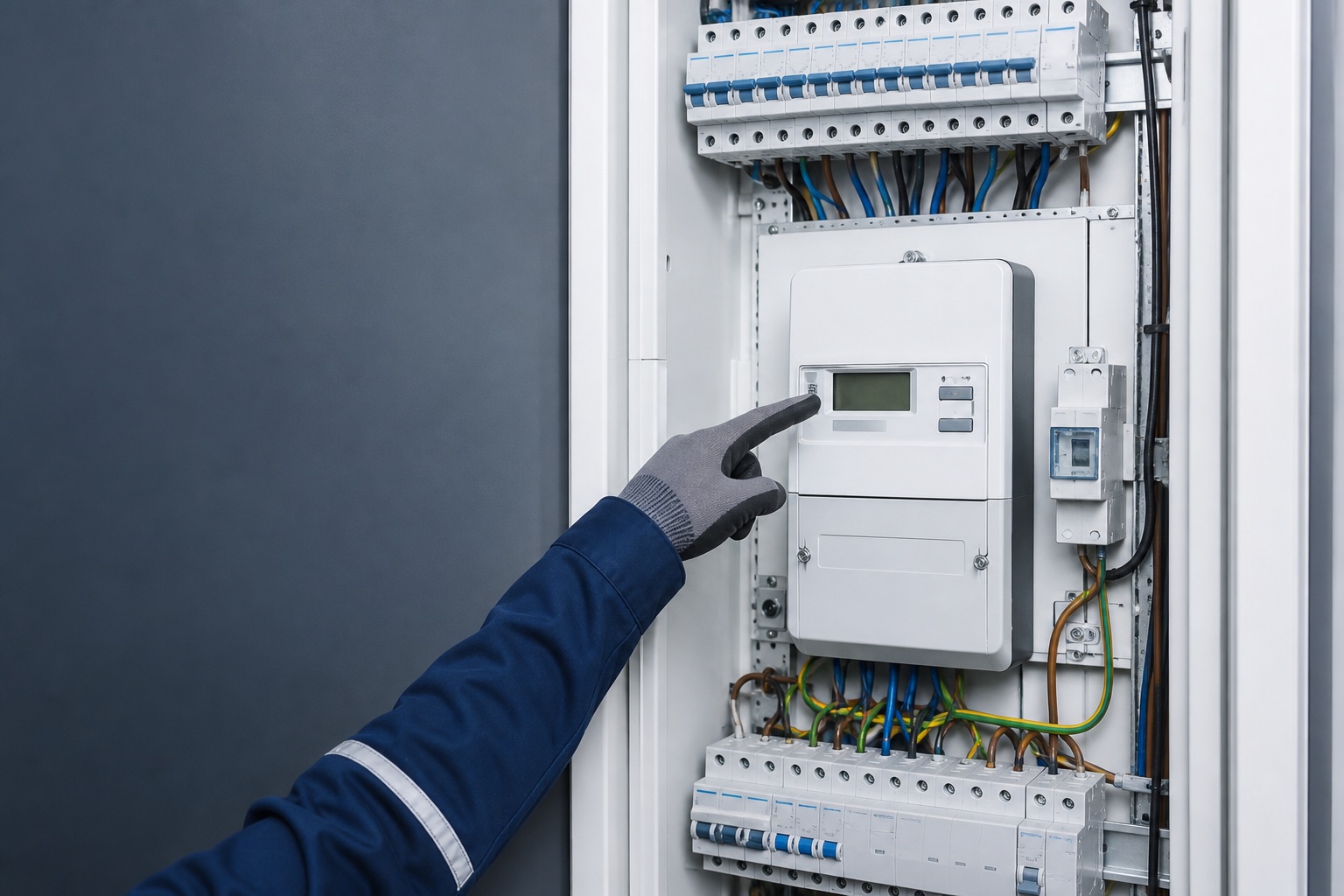 Moderne Smart-Meter-Installation im Elektroverteiler, die von einer Elektrofachkraft erklärt wird