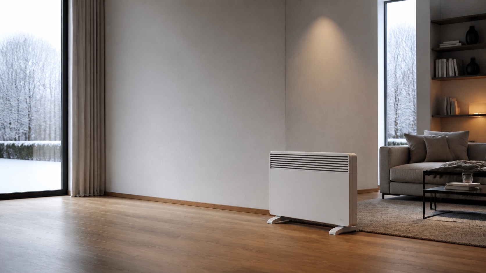 Mobile elektrische Direktheizung in einem modernen Wohnraum an einem kalten Wintertag
