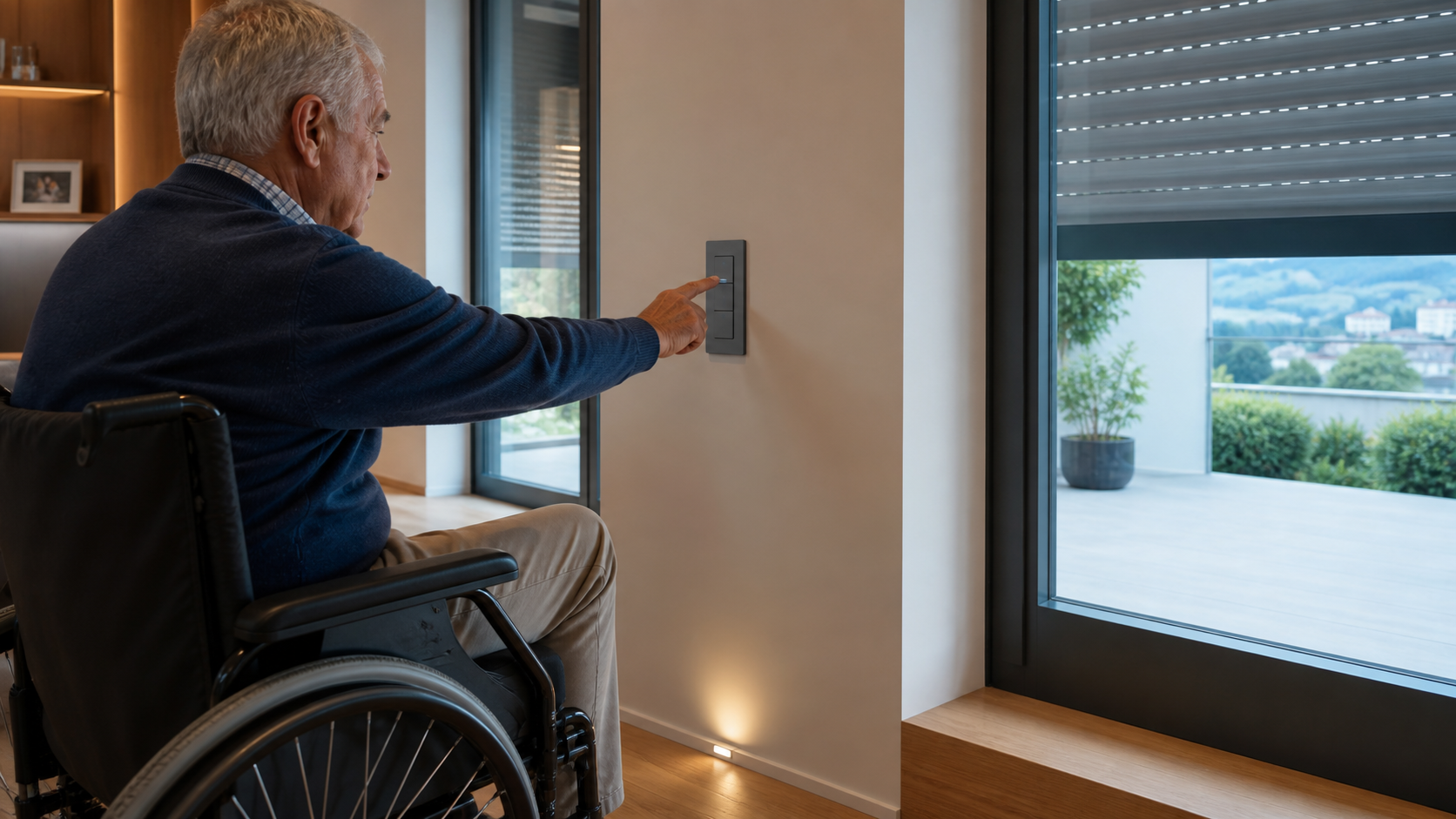 Älterer Rollstuhlfahrer bedient einen erreichbaren Wandschalter für elektrische Rollläden; ein Orientierungslicht ist am Boden eingeschaltet.